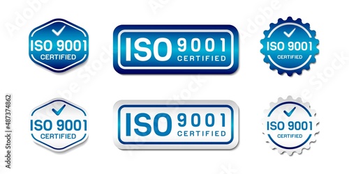 ISO 9001 Certified Label Stamp. International Quality Management System Sign. With check icon. On gradient blue and white color. Premium and luxury emblem vector template