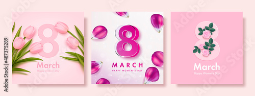 Set of women's day banner. 8 march holiday background with realistic petals and flowers. Vector illustration for poster, greeting cards, booklets, promotional materials, website photo