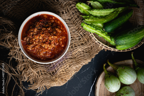 Obraz na płótnie Nam Prik Ong Northern Spicy chili paste and traditional Thai food. w salonie