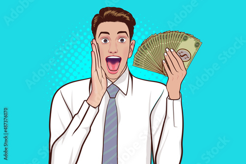 business man shouting with hold money in hand