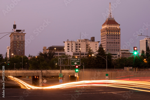 Twilight view of the historic downtown district of Fresno, California, USA. photo