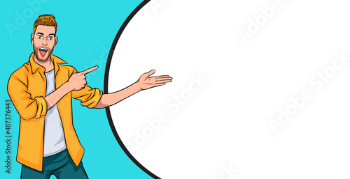 Smiling bearded man point and presenting with speech bubble