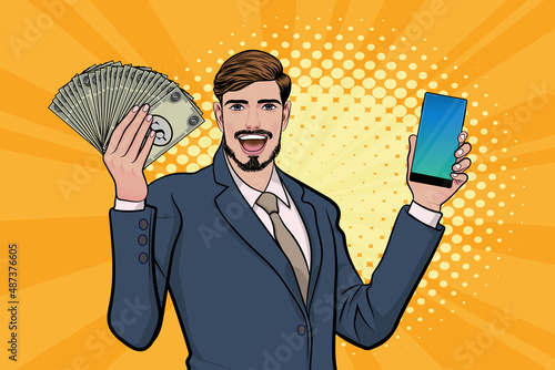 surprised business man smile and show lot of money and smartphone in hands