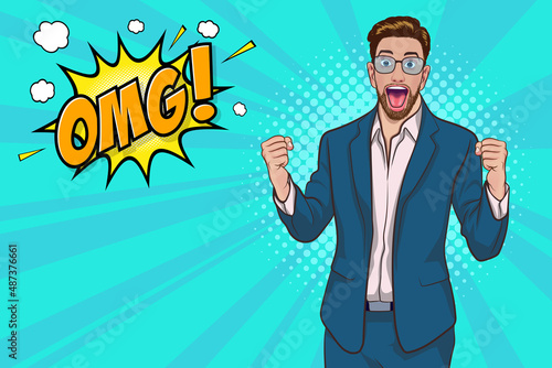 surprised businessman in glasses hands up fist say OMG for success