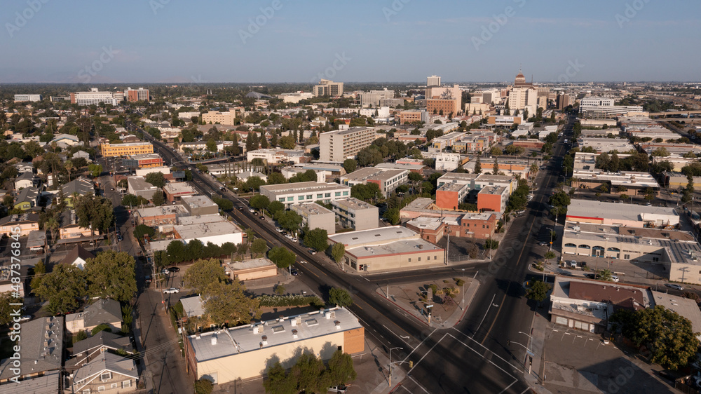 Sunset aerial view of the historic downtown area of Fresno, California, USA.