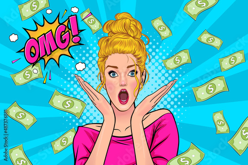 surprised woman shocking with hand near mouth and Falling Down Money