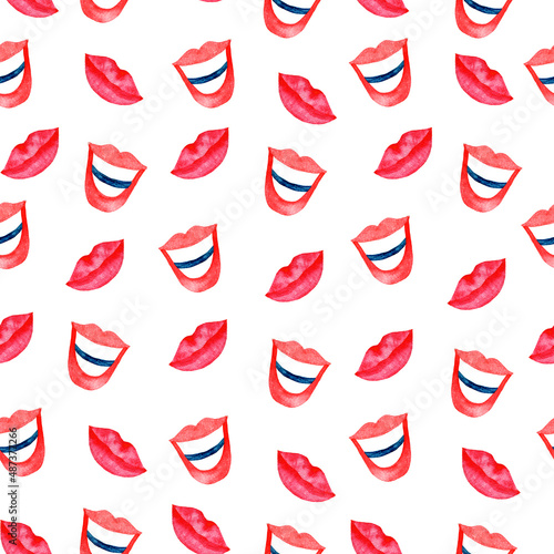 seamless watercolor pattern with lips, smiling mouths on a white background for creating textures, holiday packaging, textiles