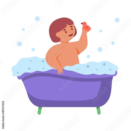 Cute little girl taking bath full of soapy foam.