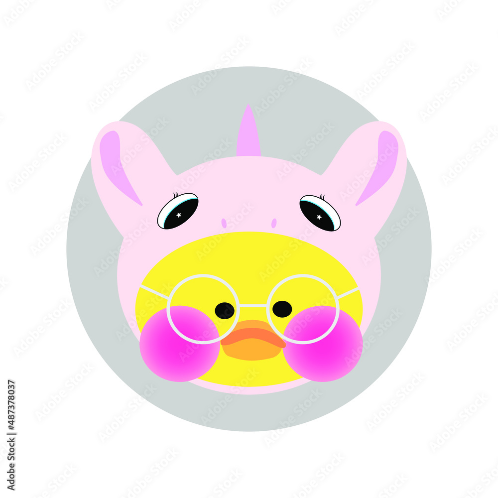 Popular soft toy yellow lalafanfan duck wearing a pink kigurumi unicorn and round glasses on a white background Popular soft toy yellow lalafanfan duck wearing a pink kigurumi unicorn and round glasses on a white background