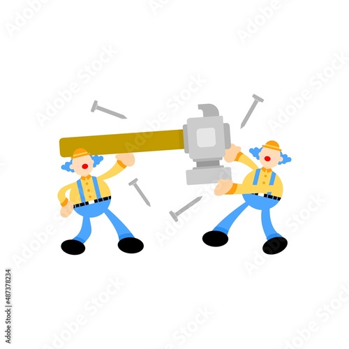 fun clown and hammer craft cartoon flat design illustration