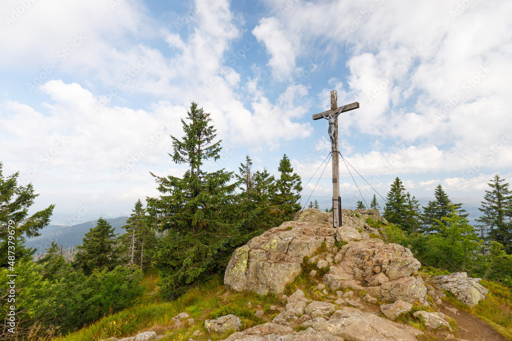 Summit cross of mountain Rachel in national park 