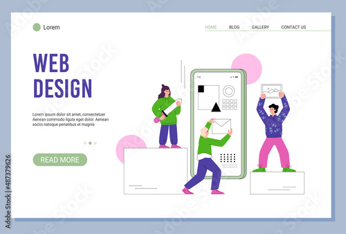 Web design for mobile app, flat vector illustration. UX design process banner. Female character smartphone app project.
