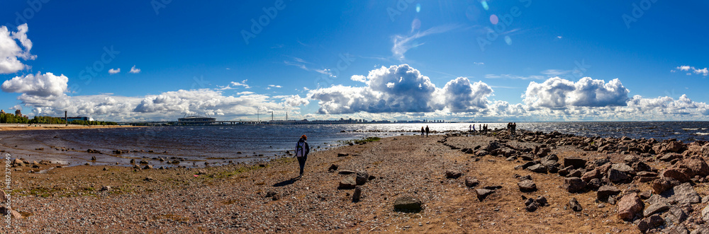 The beach near the Lahta Center  at the Gulf of Finland,  Saint Petersburg, Russia