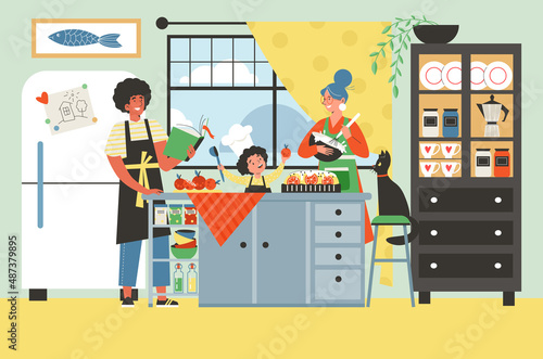Family with child child cook pastries at home, flat vector illustration.