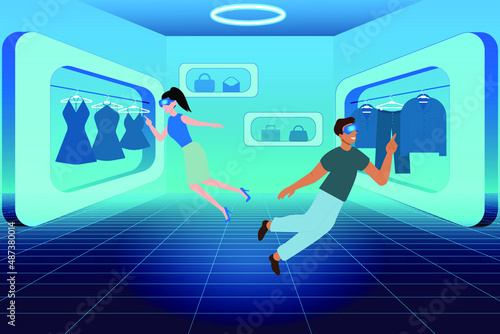 Metaverse virtual reality shop. People wearing VR goggles while shopping clothes in the metaverse illustration concept.
