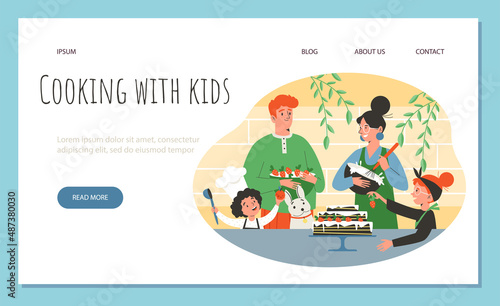 Cooking at home with kids website banner cartoon flat vector illustration.