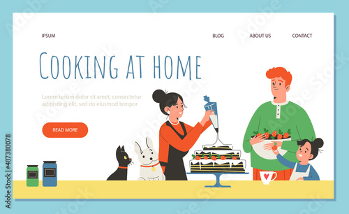 Cooking at home website banner with parents and kids, flat vector illustration.