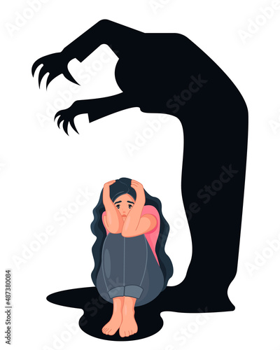 A woman suffering from phobia and panic attacks. The concept of frustration. A frightened woman is afraid of a scary shadow monster. Psychology and Mental Health. Vector illustration in cartoon style