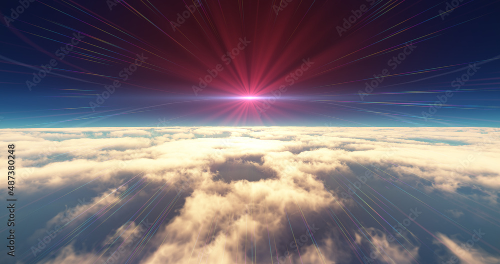 Fototapeta premium fly above clouds sunset landscape 3d render