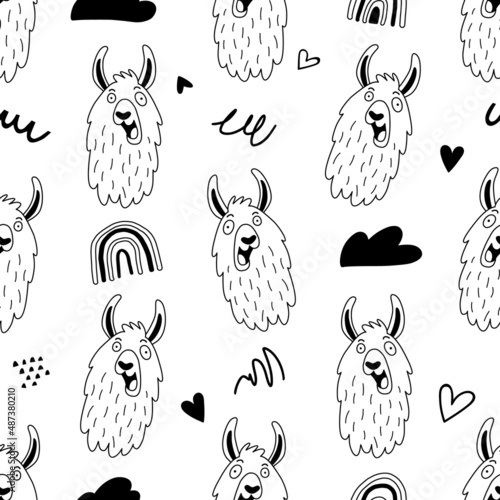Seamless pattern with funny llamas or alpacas in hand drawn style. Outline hand drawing. Creative childish texture. Great for fabric, textile. Isolated on white background vector illustration