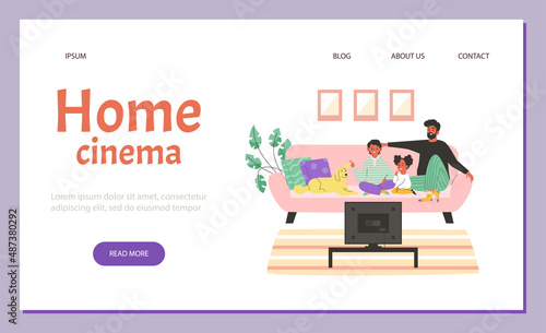 Home cinema website with family watching TV at home flat vector illustration.