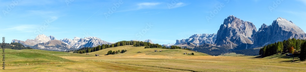 Detailed panorama of the entire Seiser Alm high mountain plateau with Langkofel Group mountains. Italy