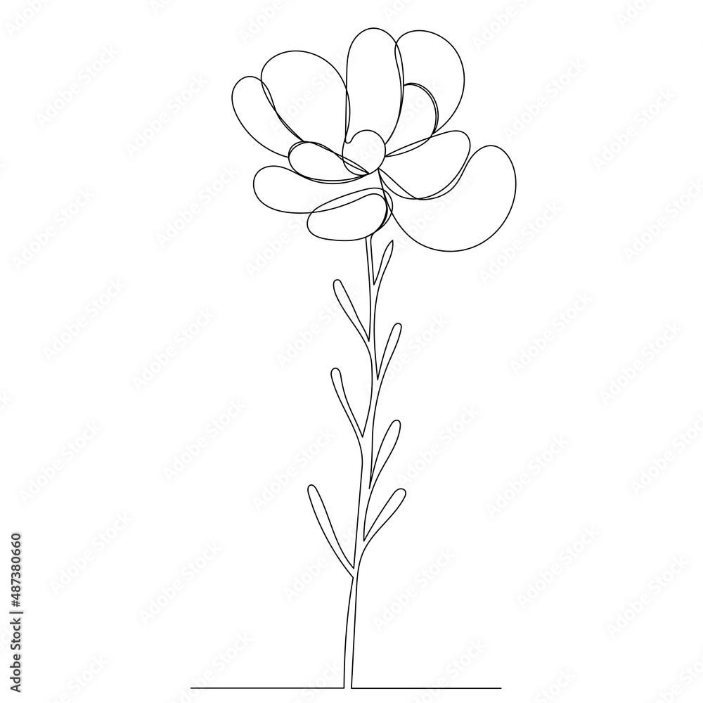 flower, plant one line drawing, outline, isolated, vector