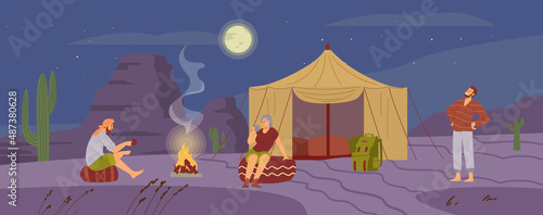Night rest in desert camp with travelers near bonfire, flat vector illustration.