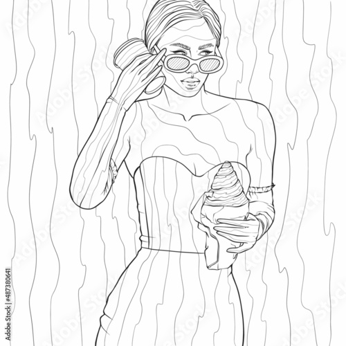 Girl with coffee and croissant.Coloring book antistress for children and adults.Illustration isolated on white background.Zen-tangle style.Hand draw