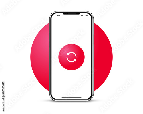 3d high quality vector smartphone with sync icon. Realistic mobile with synchronize symbol. Device UI UX mockup. Cellphone frame with blank screen isolated templates. 3d isometric illustration. 