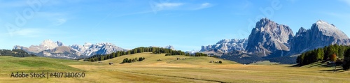 Detailed panorama of the entire Seiser Alm high mountain plateau with Langkofel Group mountains. Italy