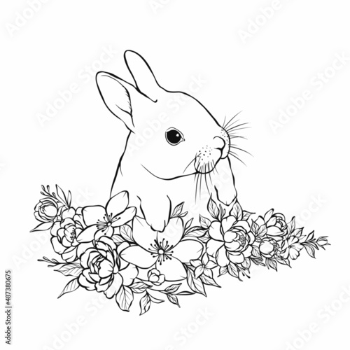 Illustration zentangl. Greeting card with rabbit and flowers. Coloring book. Antistress for adults and children. Black and white.
