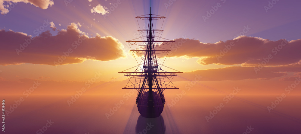 old ship sunset at sea 3d rendering old ship sunset at sea 3d rendering