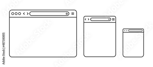 Browser window , mockup. Line browser mockups  in flat style for diffrent device . smart phone, tablet and desktop computer. Mockup for web site design. Vector illustration . 10 eps