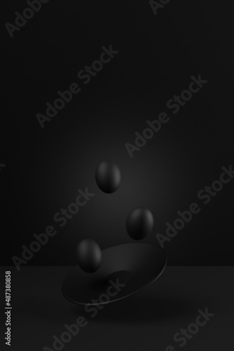 Easter creative scene with flying black eggs over plate on dark moody background. 3D render, vertical orientation