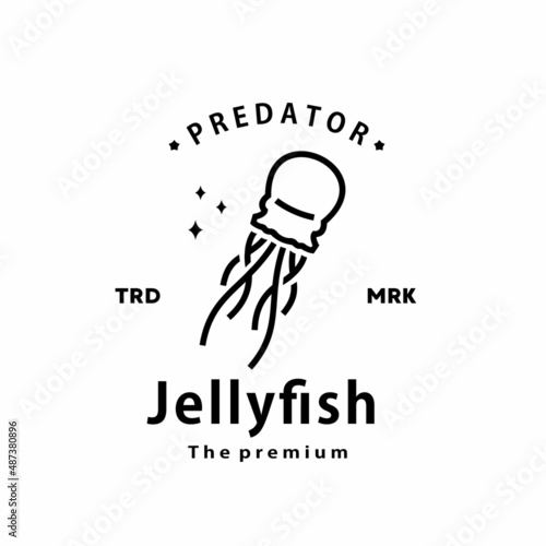 vintage retro hipster jellyfish logo vector outline monoline art icon