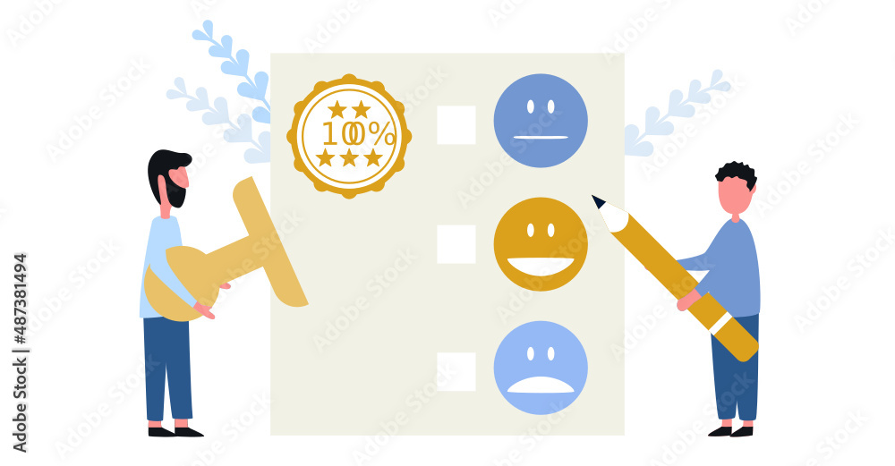 Flat tiny opinion research person concept. rating from Customer satisfaction and quality Flat tiny opinion research person concept. rating from Customer satisfaction and quality