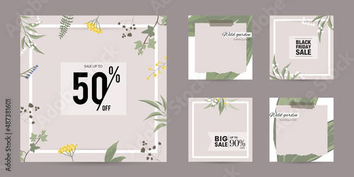 Instagram social media story post feed spring summer floral green background. ripped torn paper texture banner template for beauty, skin care, natural make up, food, wedding. vector illustration