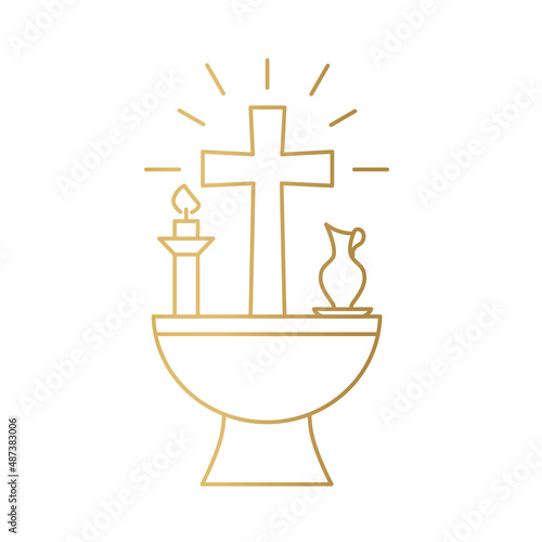 Fotografija golden baptismal font with cross, candle and pitcher, christening symbols, God b