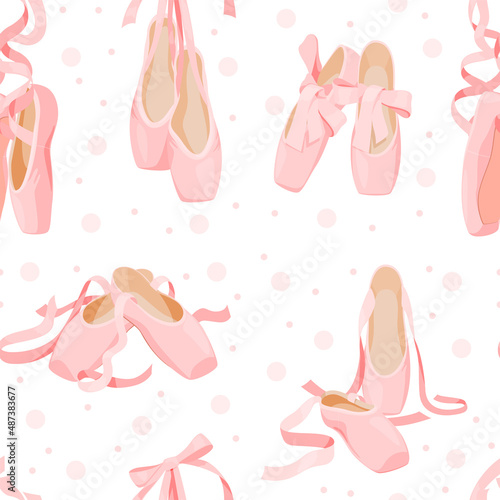 Pink elegant ballet flats seamless pattern vector flat illustration pointe shoes ballet costume
