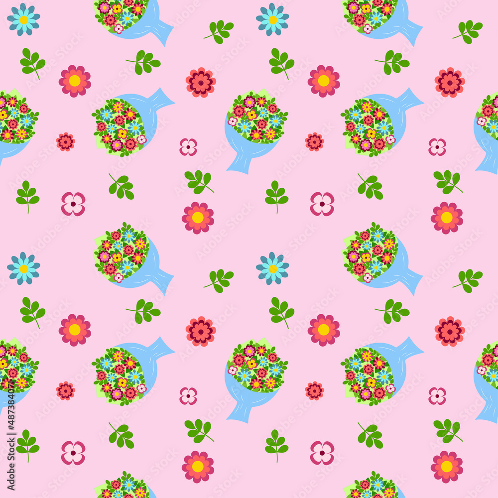 Vector seamless pattern on a pink background bouquets of flowers and individual inflorescences and leaves. Vector seamless pattern on a pink background bouquets of flowers and individual inflorescences and leaves.