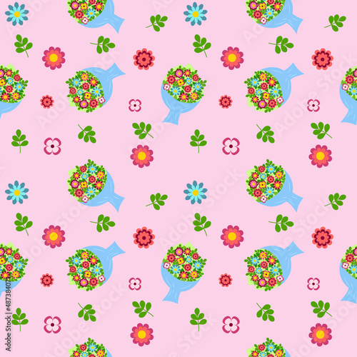 Vector seamless pattern on a pink background bouquets of flowers and individual inflorescences and leaves.