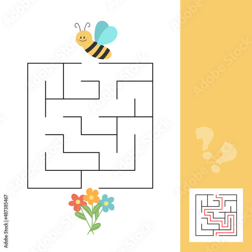 Maze puzzle for children. Help bee find flower. Kids activity sheet. Educational game. Insects theme worksheet
