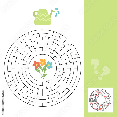 A puzzle game for kids. Go through the maze, watering can and flowers. Vector isolated on a white background. Labyrinth game with answer