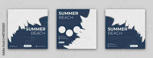 Travel agency social media poster template design of summer beach. Set of web banner, flyer, or poster for summer beach travel agency. Digital advertising banner promotion.