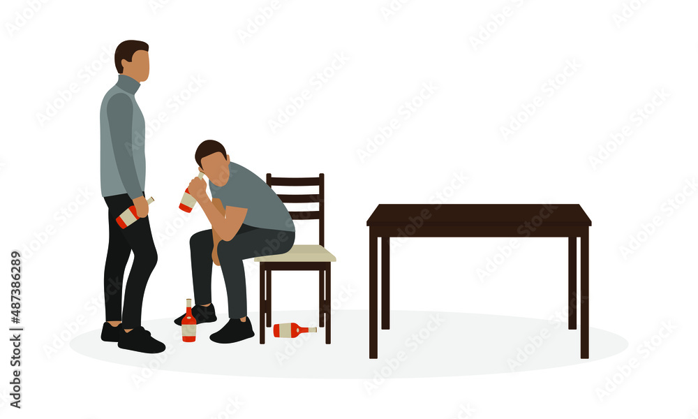Two male characters with bottles of alcohol are sitting near the table on a white background Two male characters with bottles of alcohol are sitting near the table on a white background