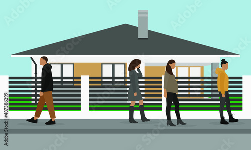 Male and female characters walk along the sidewalk past a private house