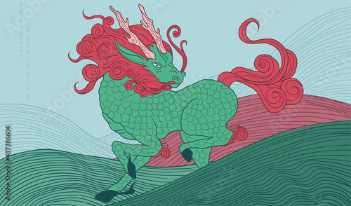 mythological creature - qilin, bright colours, rose and green, simple wave pattern	