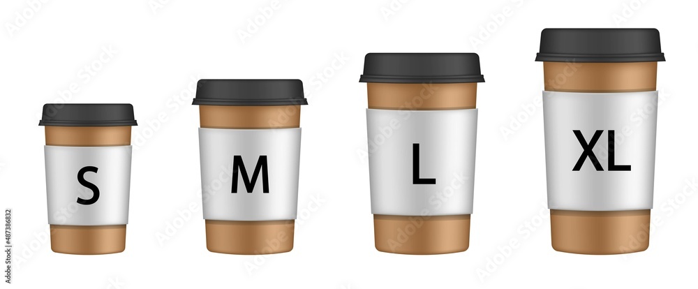 Vector set of different takeaway hot and cold beverage sizes. Paper cup size  chart: small, medium, large, extra-large. Coffee to go. Take away. Bar menu  Stock Vector