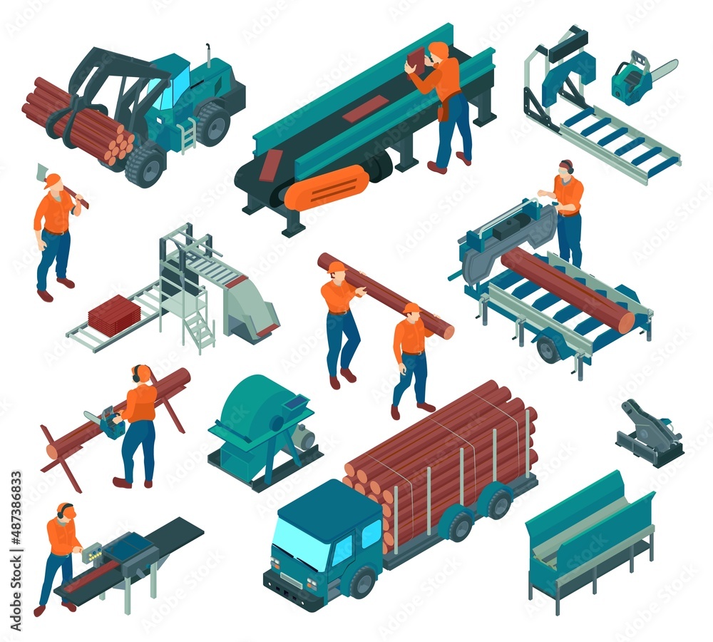 Naklejka premium Isometric Sawmill Lumberjack Color Icon Set
